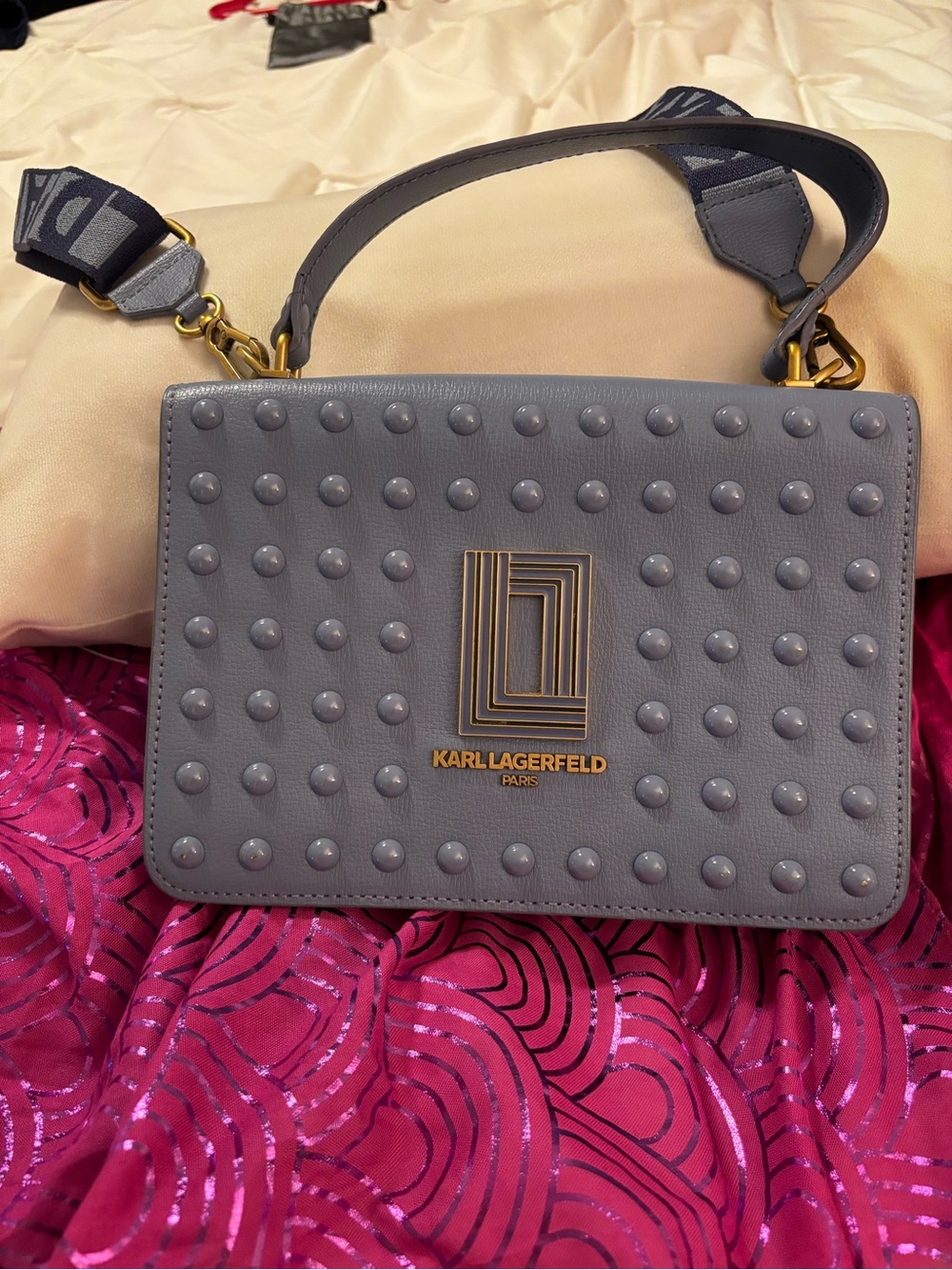 Karl Lagerfeld Blue-Gray Studded Crossbody Bag with Gold Logo